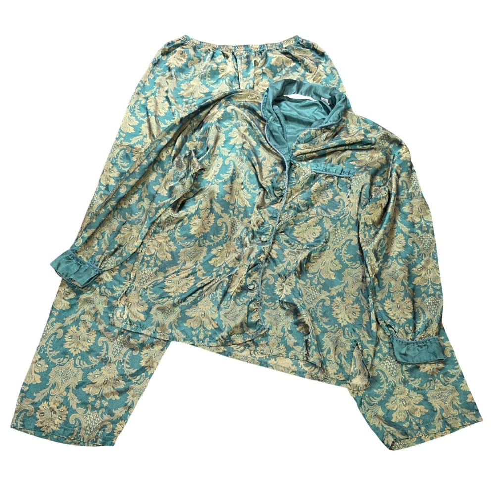 Victorias Secret Pajama Set Women's Size M Green Gold Damask Brocade 2 Piece Y2K